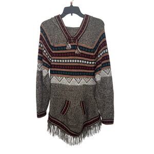 100% Alpaca Made in Peru Hooded Fringe Pullover Large Southwestern